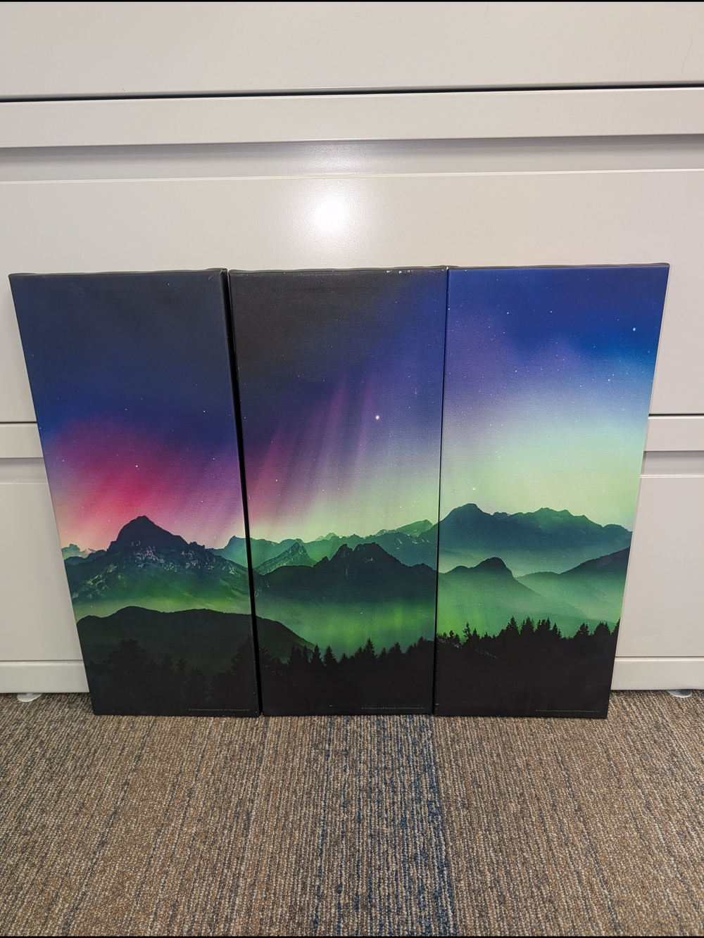 Aurora Mountain Triptych Canvas Wall Art - Green & Purple Gradient